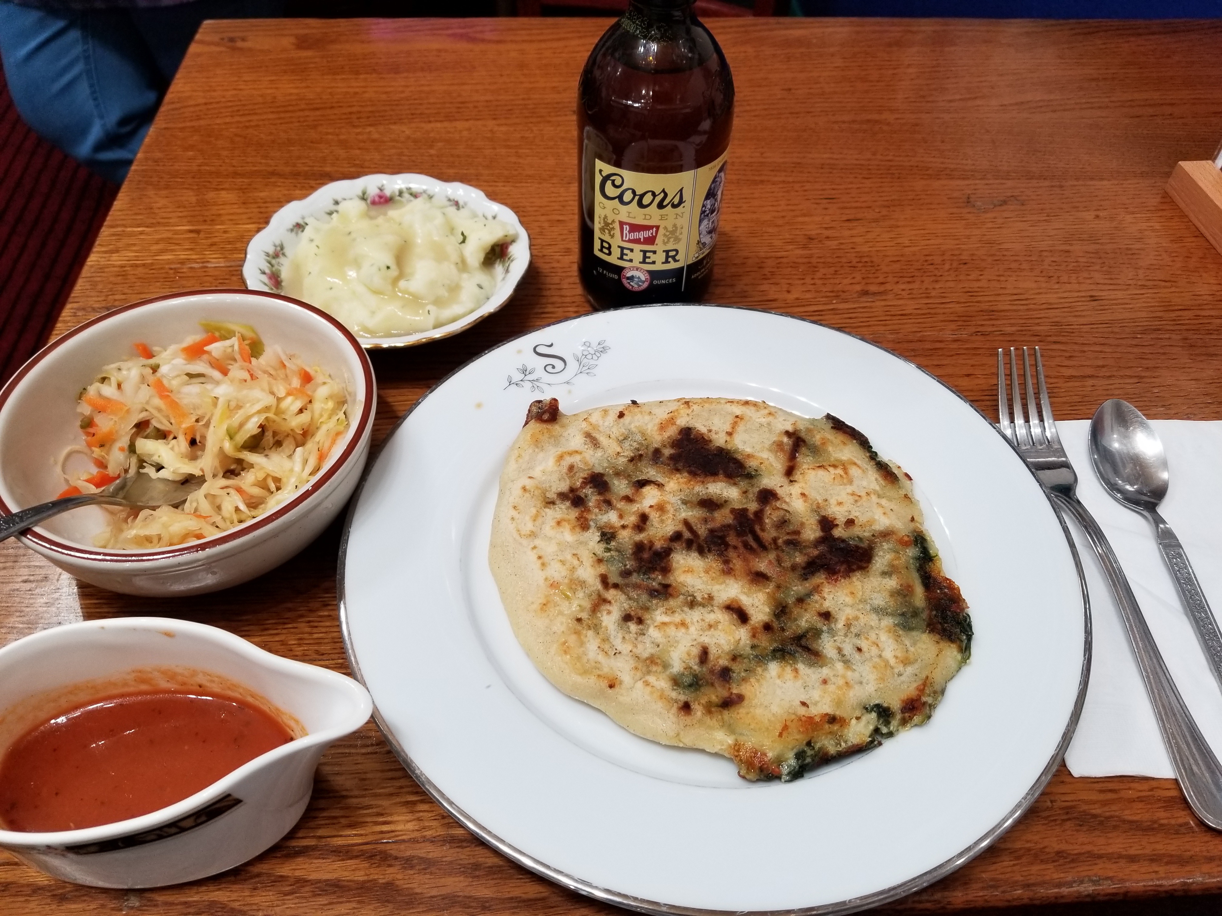 Pupusas with Cabbage & Salsa and Coors Beer